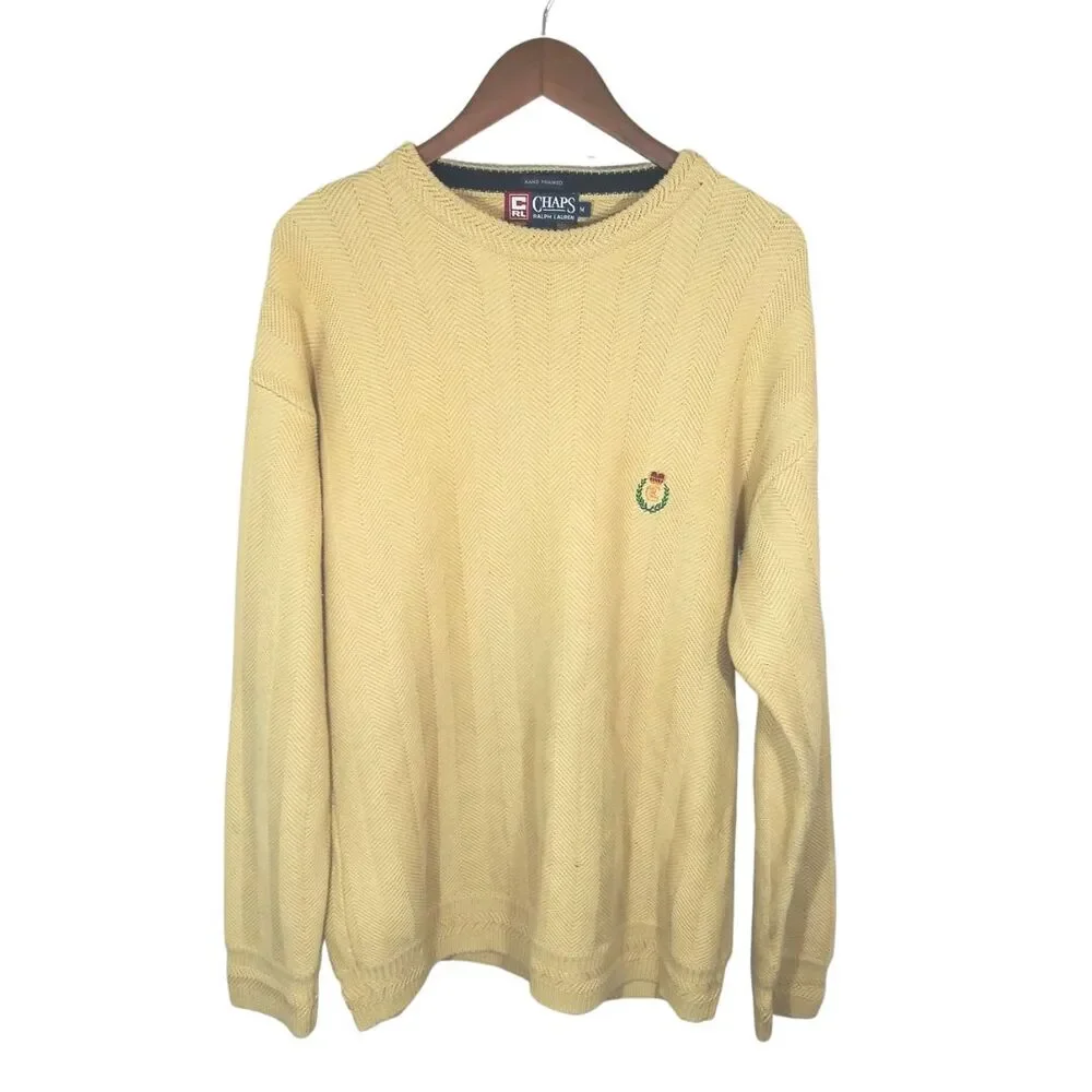 Vintage Chaps Ralph Lauren Tan 100% Cotton Crew Neck Grandpa Sweater Sz Medium
